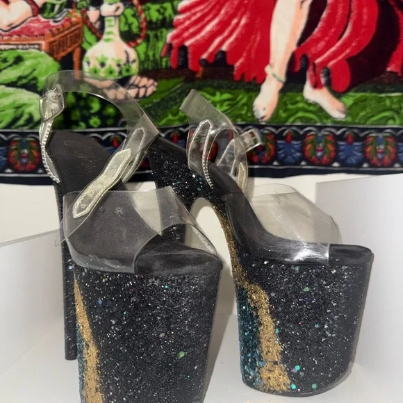 Pleaser Black and Gold Glitter Heels with Clear Straps - Picture 4 of 4